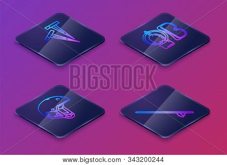 Set Isometric Line Pegs For Tents, Helmet, Diving Mask And Aqualung And Surfboard. Blue Square Butto