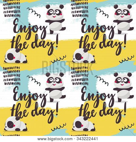 Seamless Cute Pattern With Panda And Colorful Graphic Elements