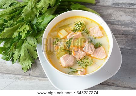 Creamy Fish Soup With Salmon, Potatoes, Onions , Carrots, Dill And Celery . Kalakeitto- Traditional 