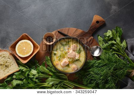 Creamy Fish Soup With Salmon, Potatoes, Onions , Carrots, Dill And Celery . Kalakeitto- Traditional 