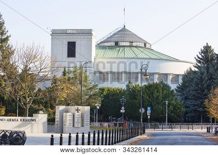 Warsaw, Poland - October 19, 2019: Building Of Sejm Of The Republic Of Poland And Monument To The Po