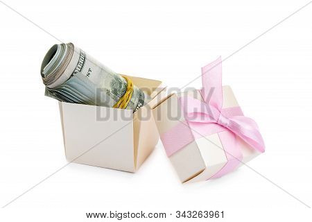 Small Gift Box With Dollar Bills Isolated On White