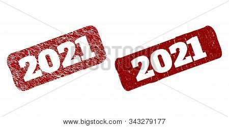 Flat Vector 2021 Watermark With Distress Surface. Rounded Rough Rectangle Watermark. Red Distress Wa