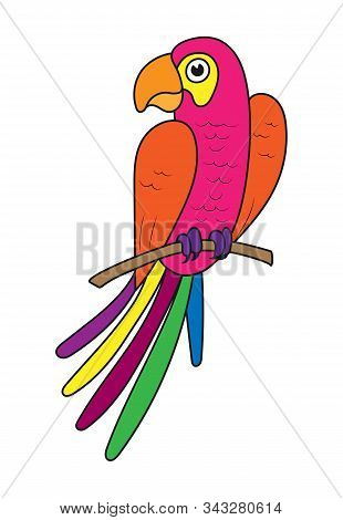 Colored Filled Outline Of A Parrot Bird On A Branch. Isolated On A White Background. Flat Design For