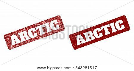 Flat Vector Arctic Watermark With Scratched Style. Rounded Rough Rectangle Seal Stamp. Red Textured 