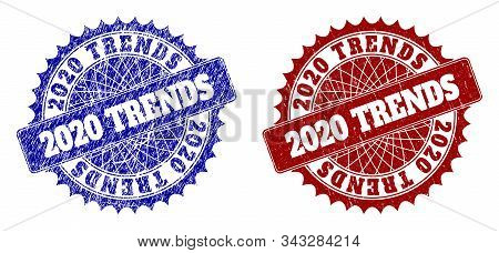 Round 2020 Trends Stamps. Blue And Red Grunge Seal Stamps With 2020 Trends Text Inside Round Rosette