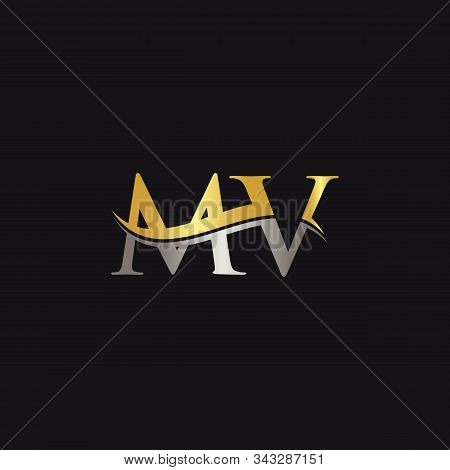 Initial Gold And Silver Letter Mv Logo Design With Black Background. Abstract Letter Mv Logo Design