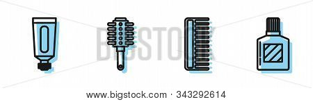 Set Line Hairbrush, Cream Or Lotion Cosmetic Tube, Hairbrush And Aftershave Icon. Vector