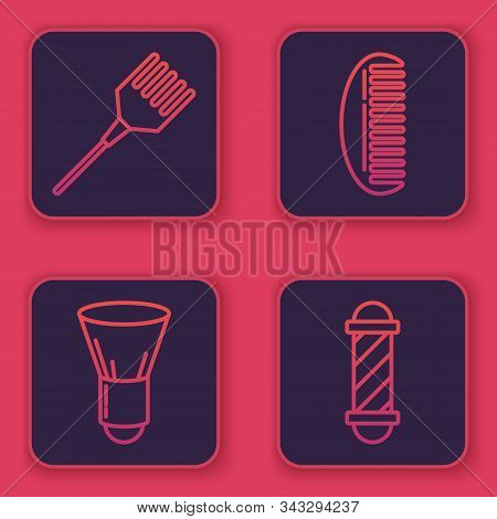 Set Line Hairbrush, Shaving Brush, Hairbrush And Classic Barber Shop Pole. Blue Square Button. Vecto