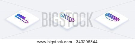 Set Isometric Line Hairbrush, Classic Barber Shop Pole And Hairbrush. White Square Button. Vector