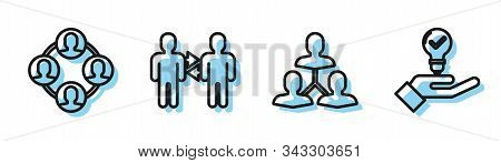 Set Line Project Team Base, Project Team Base, Project Team Base And Light Bulb In Hand Icon. Vector