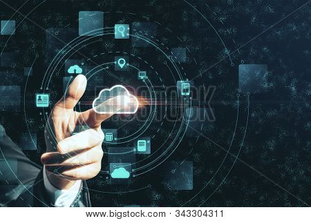 Hand Using Creative Glowing Cloud Email Map Hologram. Cloud Computing  Interactive Hud Concept.