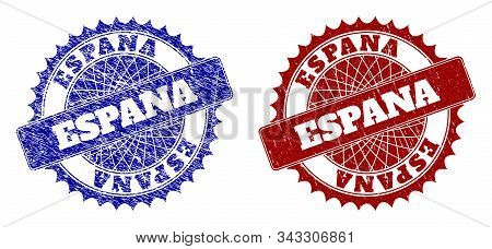 Round Espana Watermarks. Blue And Red Grunge Seals With Espana Message Inside Round Rosette. Flat Ve
