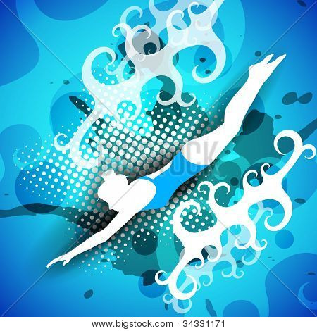 Silhouette of girl swimmer on creative abstract background with grunge effect. EPS 10.