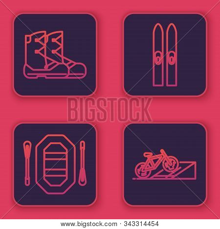 Set Line Boots, Rafting Boat, Ski And Sticks And Bicycle On Street Ramp. Blue Square Button. Vector