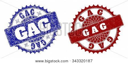 Round Gag Seal Stamps. Blue And Red Textured Stamps With Gag Title Inside Round Rosette. Flat Vector