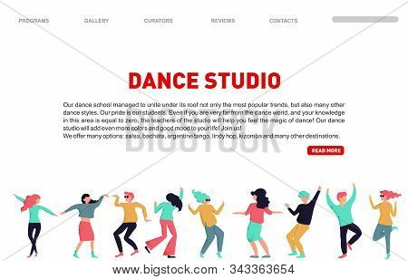 Dance Studio Landing Page. Vector Dancing People Illustration. Dancing Studio Rehearsal. Young Men A