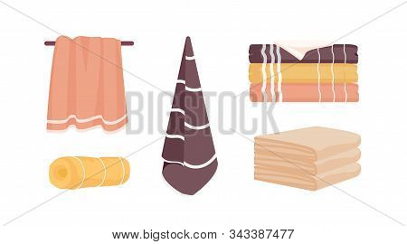 Bath Towels Vector Illustrations Set. Clean Towels Bundle Isolated On White Background. Domestic Hyg