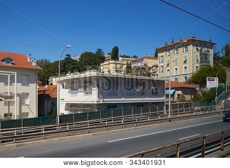 Nice, France - April 05, 2019: Photo Taken While Traveling By Train Cannes-monaco. View Buildings On