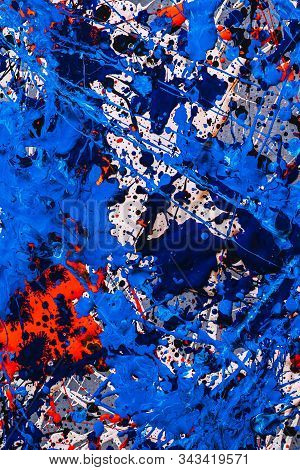 Picture Painted Using The Technique Of Dripping. Mixing Different Colors Dark Blue Red White Black. 