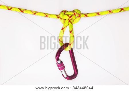 New Pink Oval Touristic And Alpinistic Carabine Hangs From Butterfly Loop Knot. Stretched Colored, G