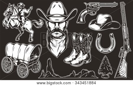 Vintage Monochrome Wild West Elements Collection With Old Cart Horseshoe Cowboy Head Boots Hat Weapo