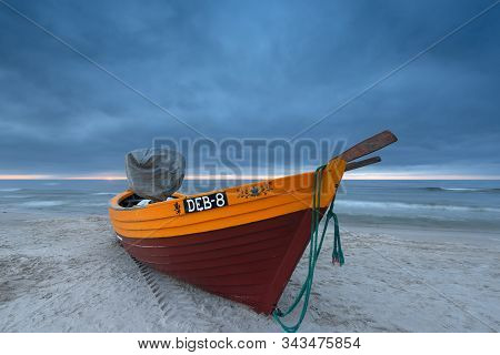 Debki Beach, Poland - June 15, 2016. Fishing Boat On Sandy Beach In Debki Village, Baltic Sea, Polan