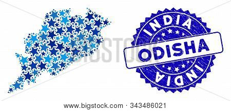 Blue Odisha State Map Composition Of Stars, And Distress Rounded Seal. Abstract Territory Plan In Bl