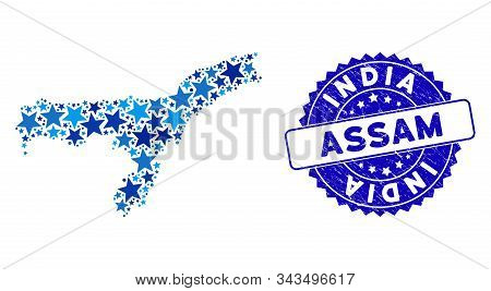 Blue Assam State Map Collage Of Stars, And Scratched Round Stamp Seal. Abstract Territorial Scheme I