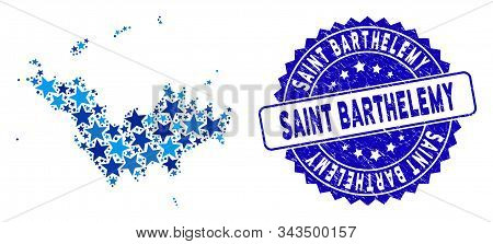 Blue Saint Barthelemy Map Mosaic Of Stars, And Textured Round Stamp Seal. Abstract Territory Plan In