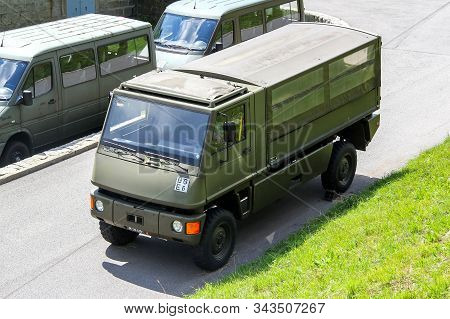 Saint Gotthard Pass, Switzerland - August 5, 2014: Swiss Army Light Utility Vehicle Bucher Duro At T