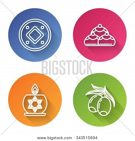 Set Line Jewish Coin, Jewish Sweet Bakery, Burning Candle In Candlestick With Star Of David And Oliv