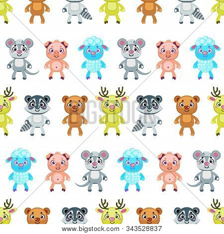 Set Of Funny Cartoon Colorful Animals. Funny Mouse, Pig, Sheep, Badger, Bear, Deer On A White Backgr