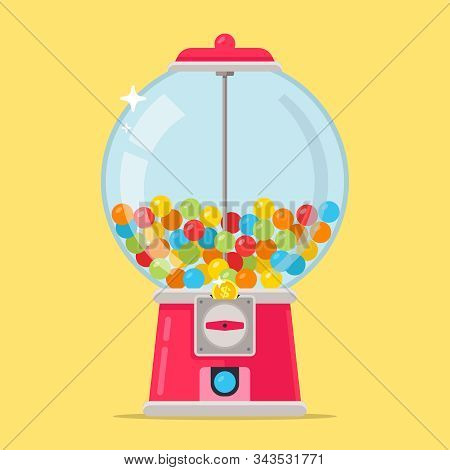 Pink Candy Machine For Kids. Multi-colored Chewing Balls. Flat Vector Illustration.