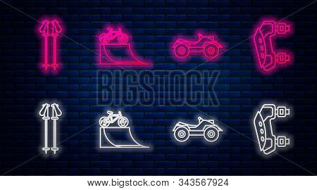 Set Line Bicycle On Street Ramp, All Terrain Vehicle Or Atv Motorcycle, Ski Poles And Knee Pads. Glo
