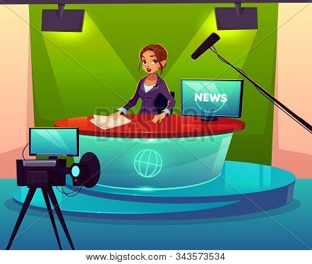 Anchorwoman In Television Chanel Studio Cartoon . Female Presenter Sitting At Desk During Broadcast,