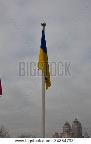 Ukraine Flag Hanging On A Flagpole Without The Wind