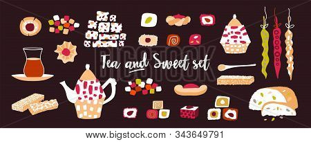 Vector Set Of Oriental Sweets And Tea Party. Items For Design Postcard Or Poster For A Holiday Invit