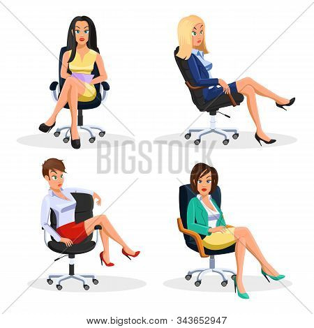 Big Vector Set With Young Beautiful Businesswomen Sitting At Rolling Office Armchairs In Different P