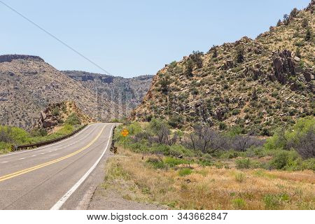 View Of The Legendary Route 66, National Trails Highway. Arizona Sideways. Mountains Around, Usa.