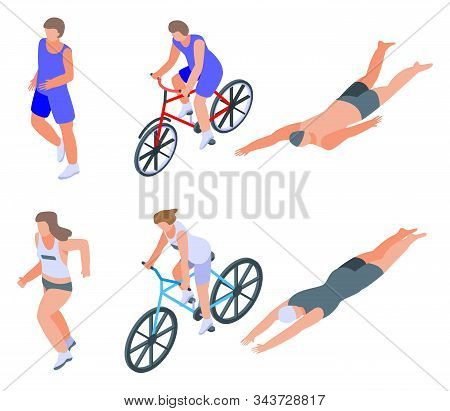 Triathlon Icons Set. Isometric Set Of Triathlon Vector Icons For Web Design Isolated On White Backgr
