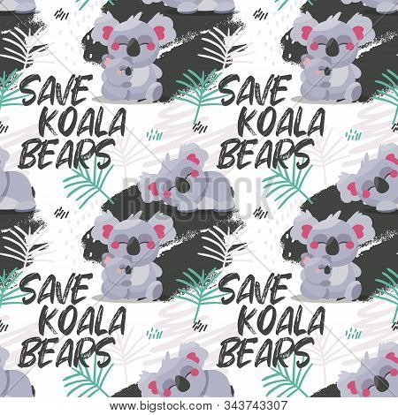 Seamless Vector Pattern Save Koala Bears With Leaf Australia