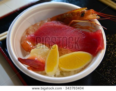 Seafood Rice Bowl Topped With Mixed Raw Fish