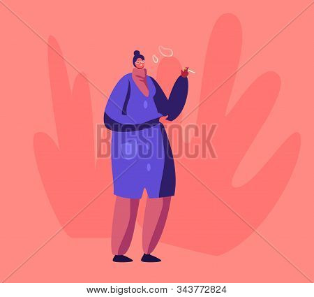 Adult Self-confident Woman Stand Outdoors Enjoying Smoking Cigarette And Blowing Rings Of Smoke. Fem