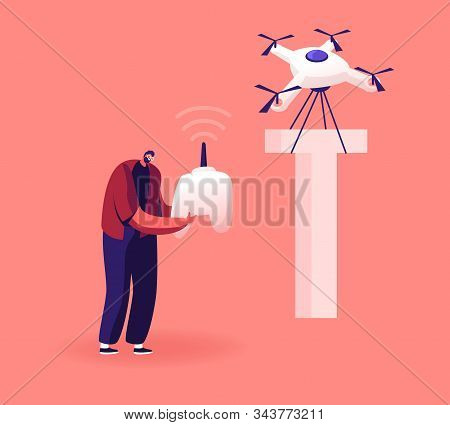 Happy Man Control Quadcopter Which Carry Huge Letter T As Part Of Thank You Typography. Male Charact