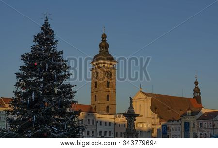 Centre Of Ceske Budejovice City With Old Houses And Towers And Rivers