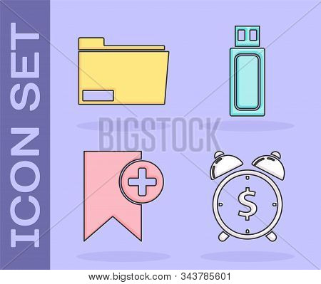 Set Alarm Clock With Dollar Symbol, Document Folder, Bookmark And Usb Flash Drive Icon. Vector