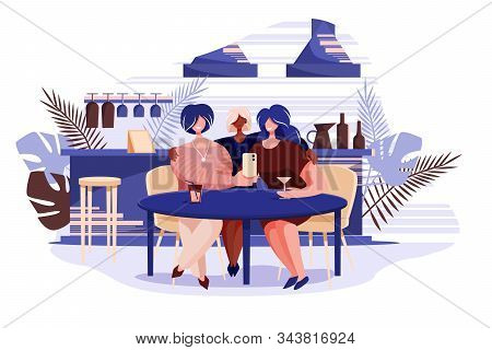 Three Girls Taking Selfie In A Bar. Female Friends Meet At A Table In Restaurant. Vector Web Site De