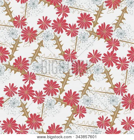 Romantic Floral Seamless Pattern With Red Chicory Flowers. Image For Printing On Paper, Wallpaper, C
