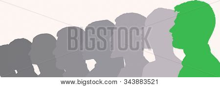 Leadership, Creativity Concept. Raw Of Grey Profile Human Faces Silhouettes Lead By Green One As Sym